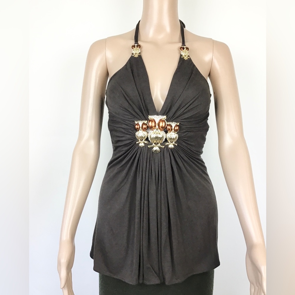 Sky Crystal Embedded Metal Owls Espresso Halter Top